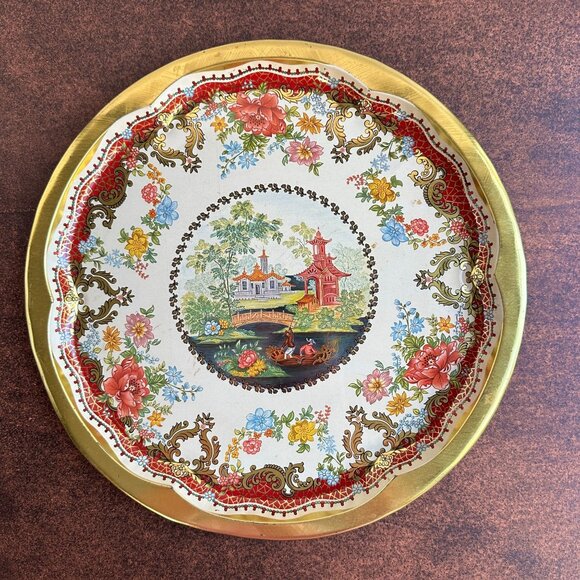 Vintage Daher Decorated Ware Tin Tray 16.25" Round Floral & Asian Scene England - Picture 1 of 16